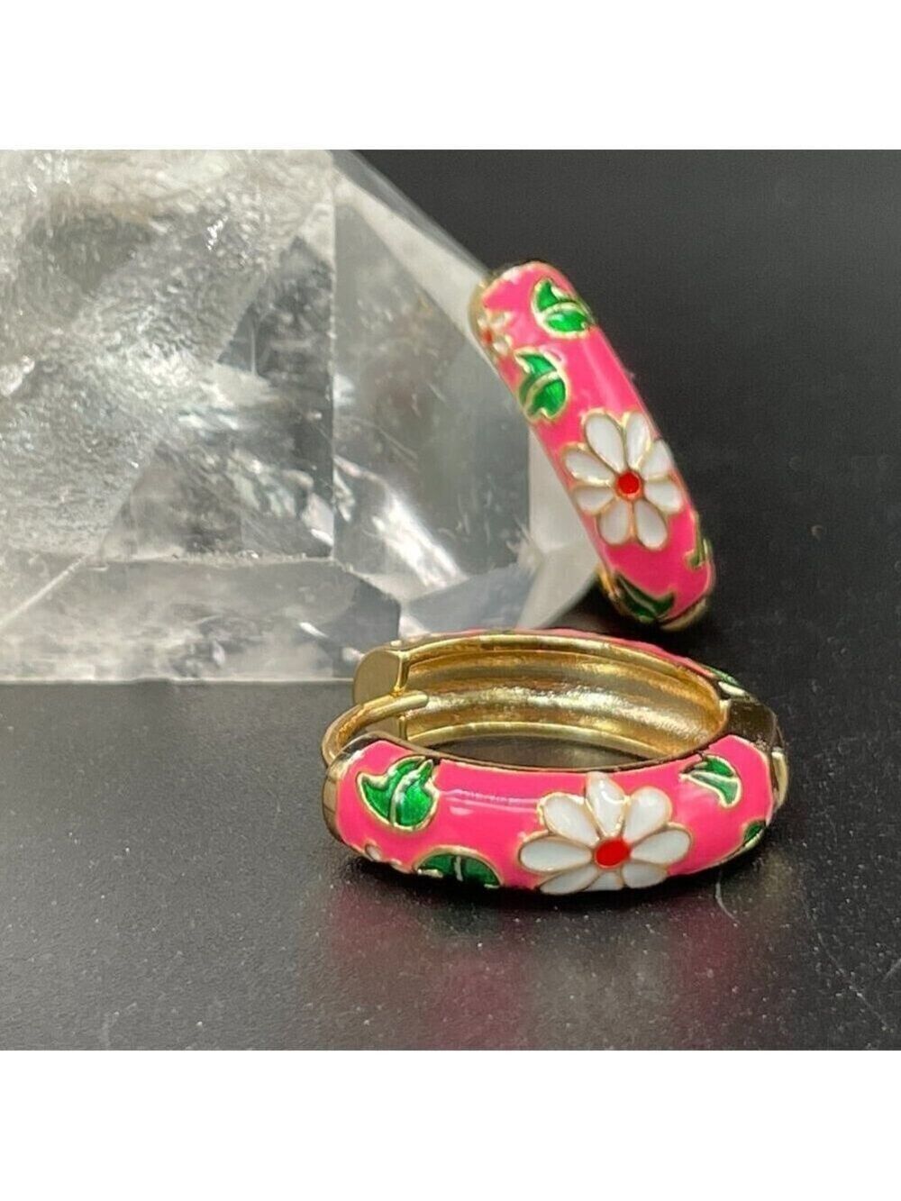 Pink and Green Floral Enamel Huggie Earrings #1352-PINK